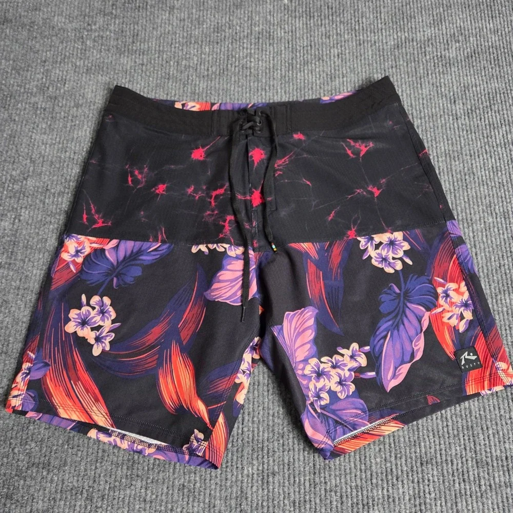 Rusty Mens Floral Splatter Board Shorts Black Red Purple Classic Fit Size‎ 36